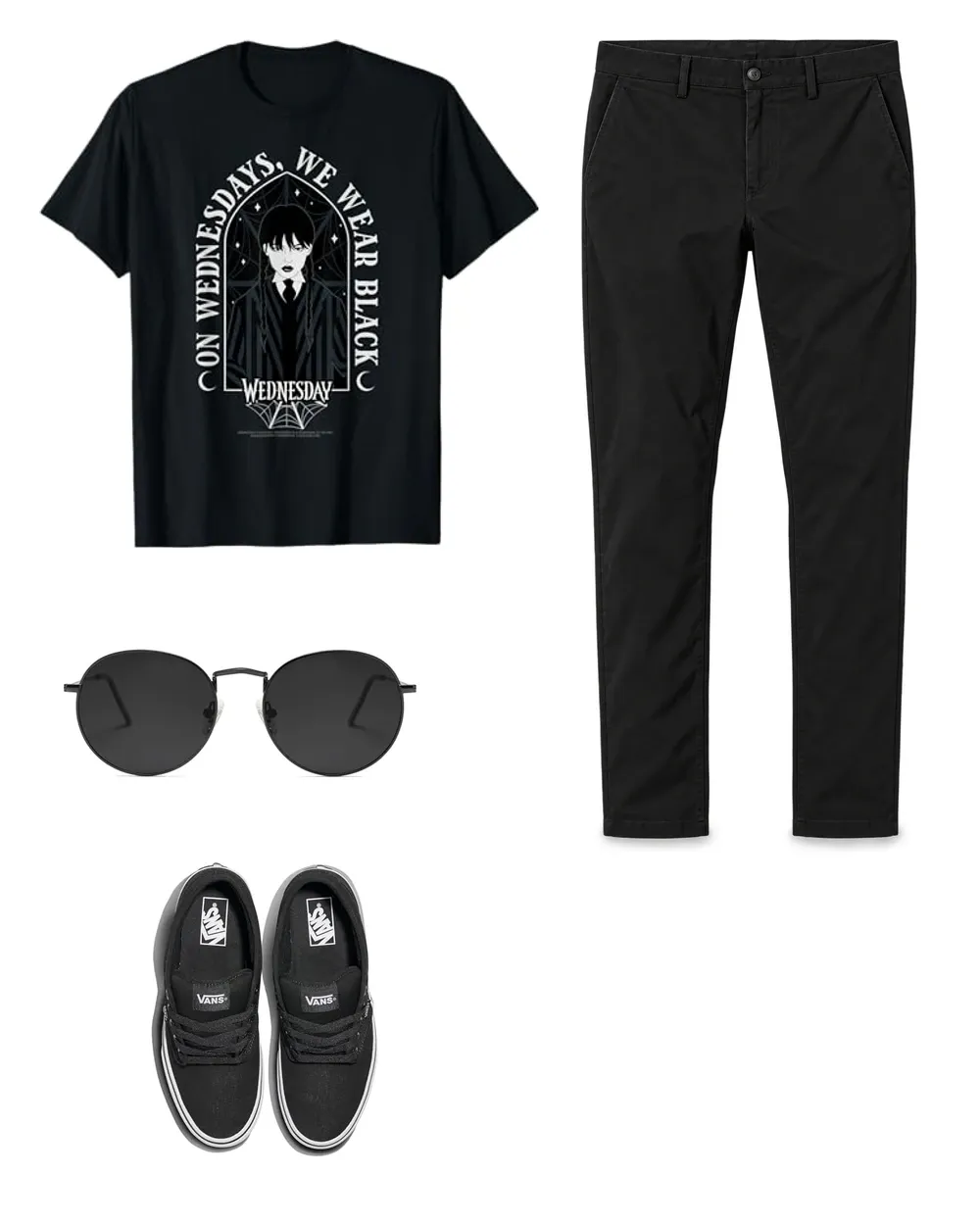 Wednesday graphic tee, black chinos, round black sunglasses and black Vans sneakers on white.