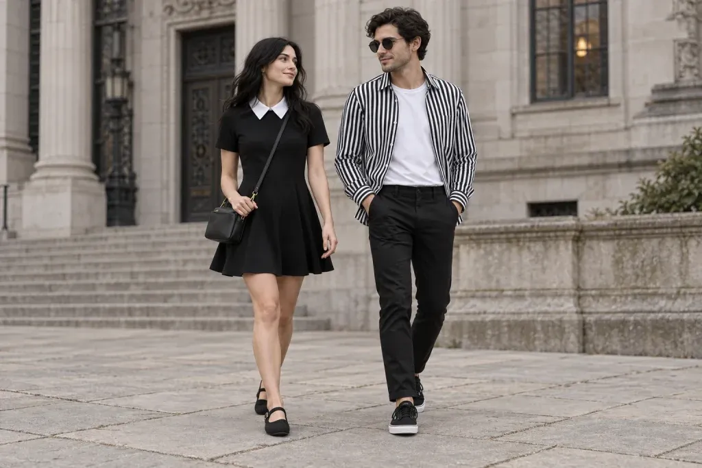 Two adults in black-and-white everyday outfits inspired by Wednesday Addams.