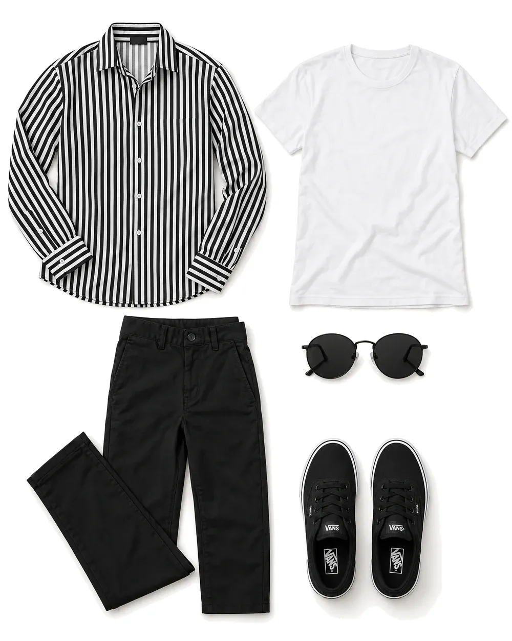 Striped long-sleeve shirt, white tee, black chinos, round sunglasses and black Vans sneakers arranged on white.