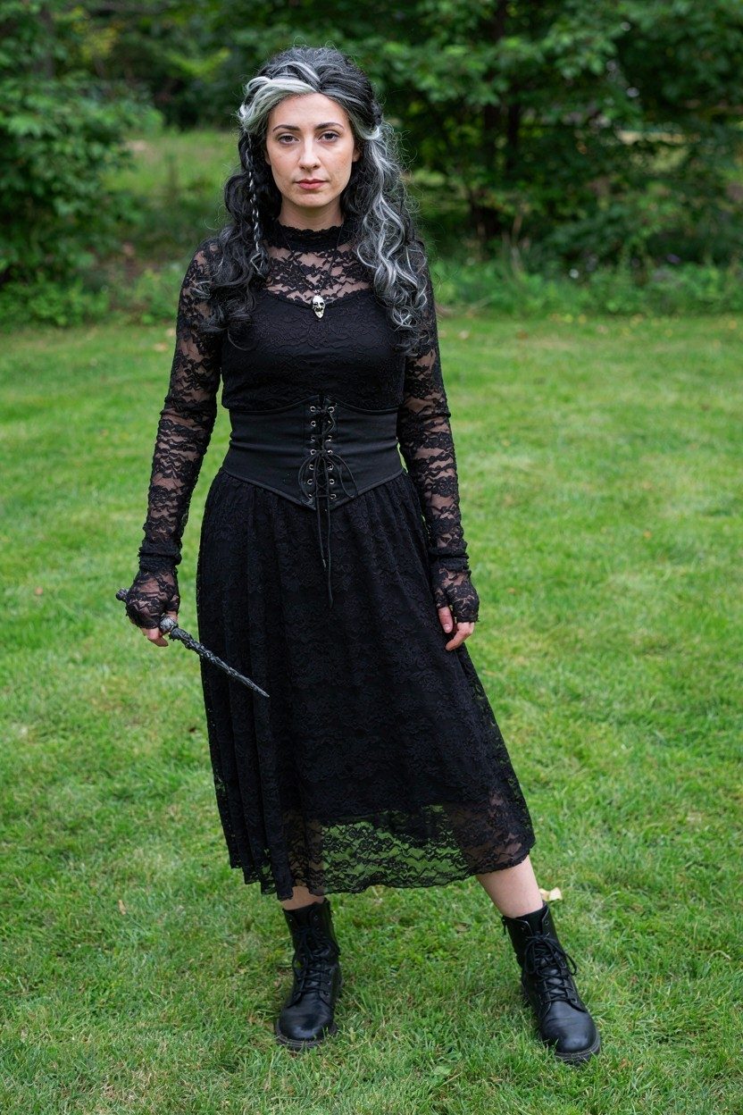 Bellatrix-inspired outfit with dark gray-streaked curls, black lace dress, waist belt and boots outdoors