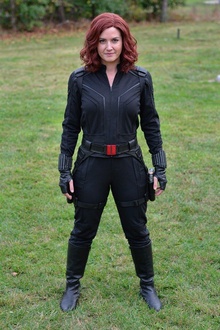Adult wearing the Black Widow costume