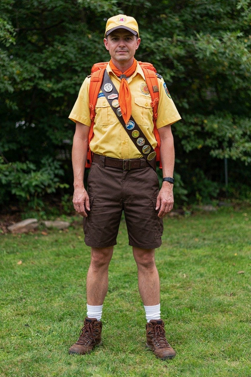 Adult wearing Russell’s yellow explorer shirt, orange neckerchief, badge sash, brown shorts and hiking boots outdoors