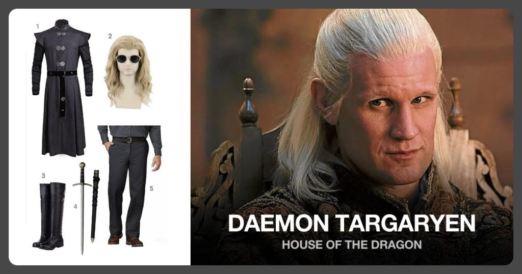 Trench Coat Windbreaker, Mens Ash Blonde Wig, Knee High Boots and Sword with Scabbard beside Daemon Targaryen