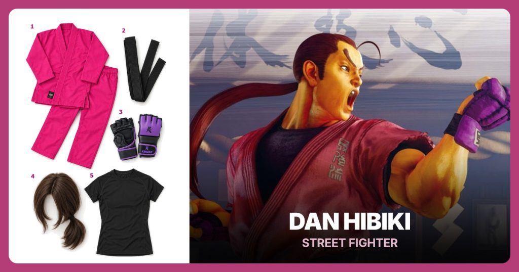 Pink Karate Gi, Black Karate Belt, Purple Open-Palm Sparring Gloves and Brown Shoulder-Length Wig beside Dan Hibiki