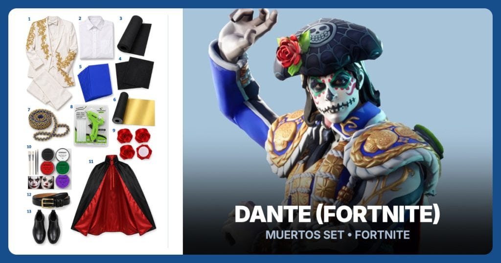 White-and-gold embroidered 3-piece suit, White poplin dress shirt and Black 2mm cosplay EVA foam beside Dante (Fortnite)