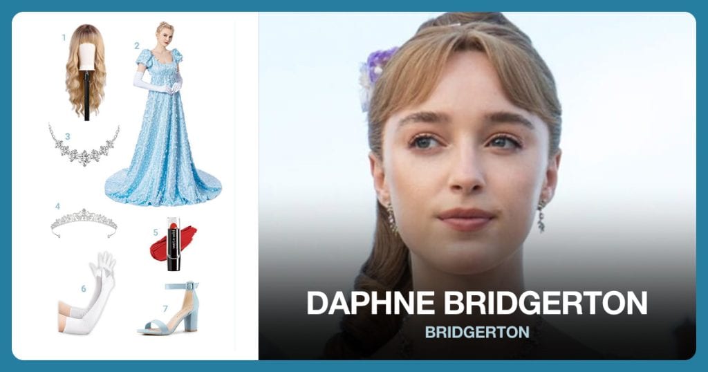 Women’s Blue Lace Dress, Women’s Blue Lace Dress, Diamond Pendant Necklace and Princess Tiara beside Daphne Bridgerton