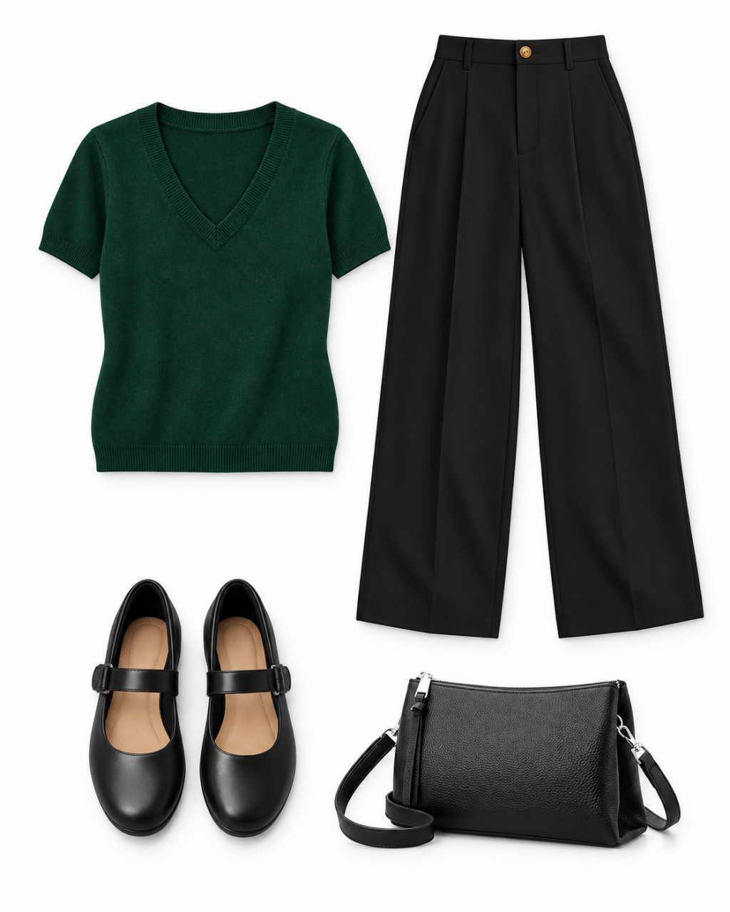 Dark-green V-neck top, black wide-leg trousers, black Mary Jane flats and black leather crossbody laid flat