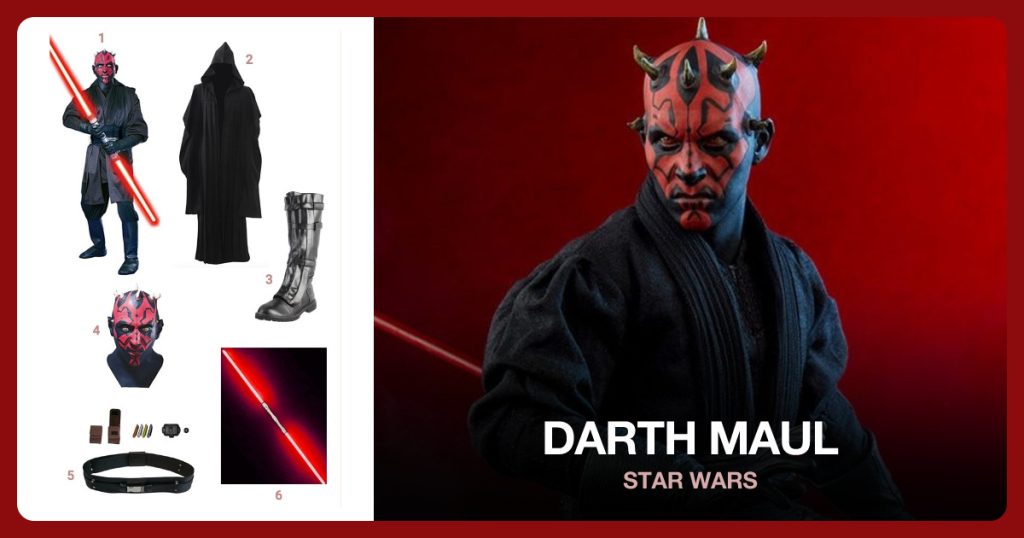Darth Maul Costume, Black Tunic, Men’s Black Boots and Darth Maul Latex Mask beside Darth Maul