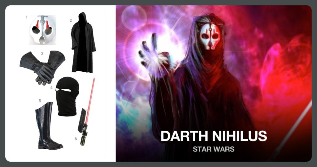Nihilus’ Mask, Black Tunic, Black Leather Gloves and Ski Mask beside Darth Nihilus