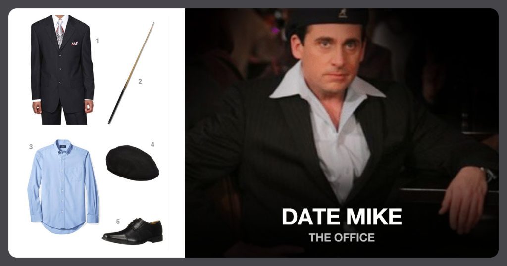 Black 3-Button Suit, Pool Stick, Blue Dress Shirt and Kangol hat beside Date Mike