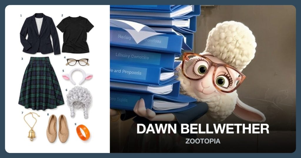 Navy Blazer, Black Crew Neck Shirt, Green Plaid Midi Skirt and Brown Cat Eye Glasses beside Dawn Bellwether