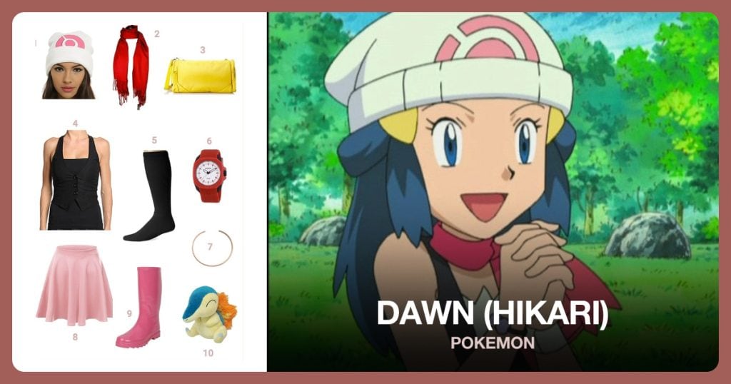 Dawn Cosplay Beanie, Tapp Collections Red Shawl Scarf, Beyond A Bag Yellow Duffle Bag and TheMogan Button Up Vest beside Dawn (Hikari)