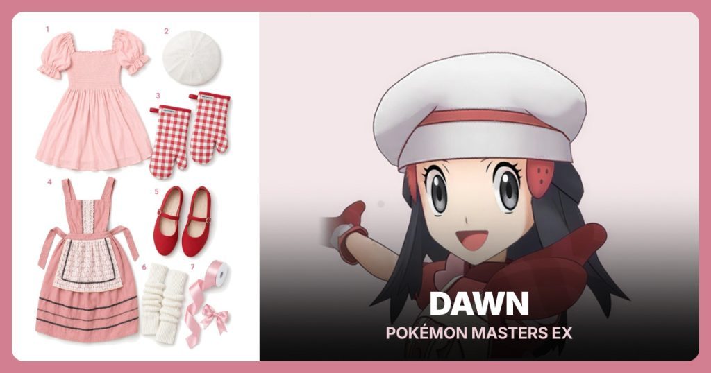 Pink Puff Sleeve Dress, White Beret, Red Gingham Oven Mitts and Pink Ruffle Pinafore Apron beside Dawn