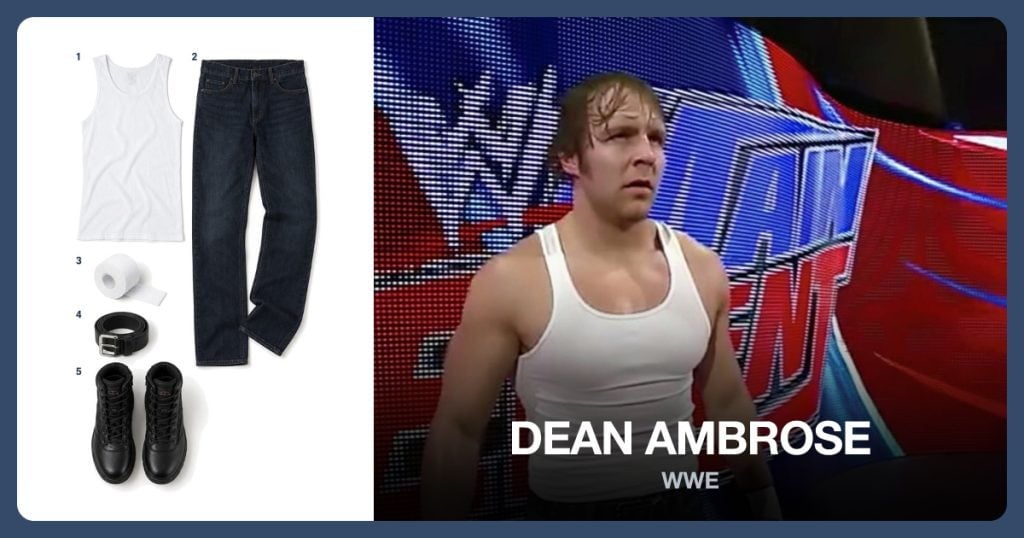 White Tank Top, Dark Blue Jeans, White Athletic Tape and Black Leather Belt beside Dean Ambrose