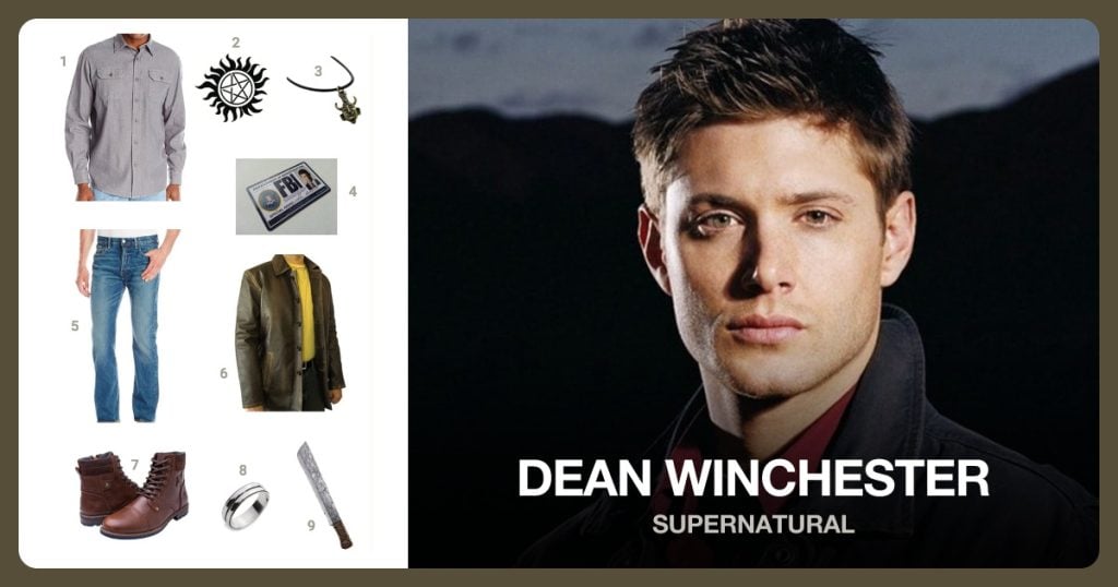 Long-Sleeve Classic Woven Shirt, Supernatural Anti-Possession Tattoo and Mask Pendant Necklace beside Dean Winchester
