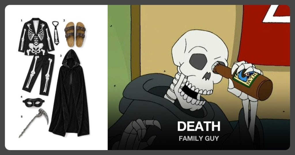 Skeleton Suit, Brown Sliders, Hooded Cape and Black Mask beside Death