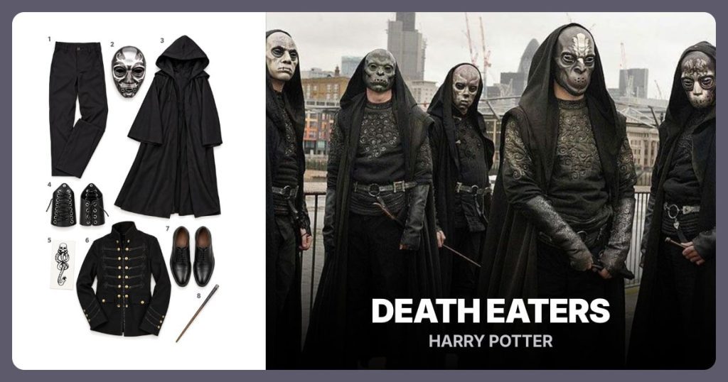 Black Dress Pants, Death Eater Mask, Black Hooded Cloak and Black Lace-Up Bracers beside Death Eaters