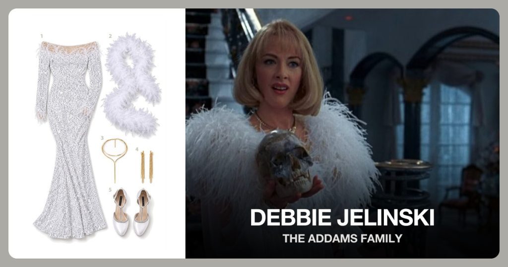 White Feather Trim Gown, White Feather Boa, Statement Necklace and Dangle Earrings beside Debbie Jelinski