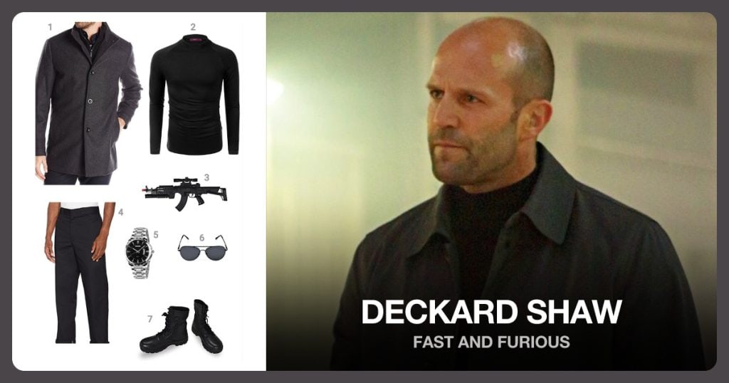 Wool-Blend Coat with Bib, Long-sleeve Half Turtle Neck Shirt and Assault Machine Gun beside Deckard Shaw