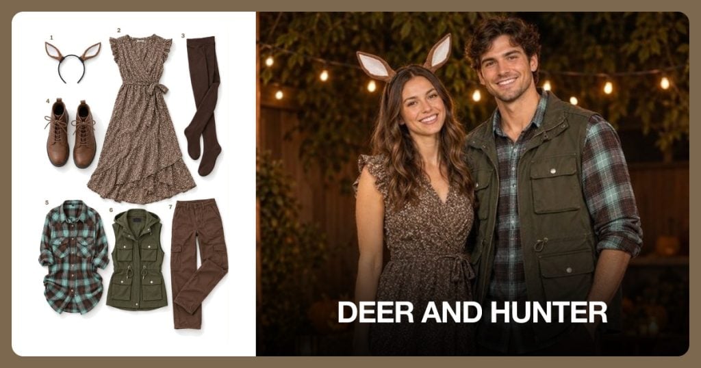 Deer Ears Headband, Brown Floral Dress, Brown Tights and Brown Ankle Boots beside Deer and Hunter
