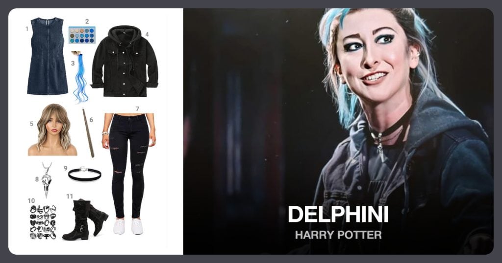 Women’s Denim Mini Dress, Blue Eyeshadow Palette and Colored Clip in Hair Extensions beside Delphini