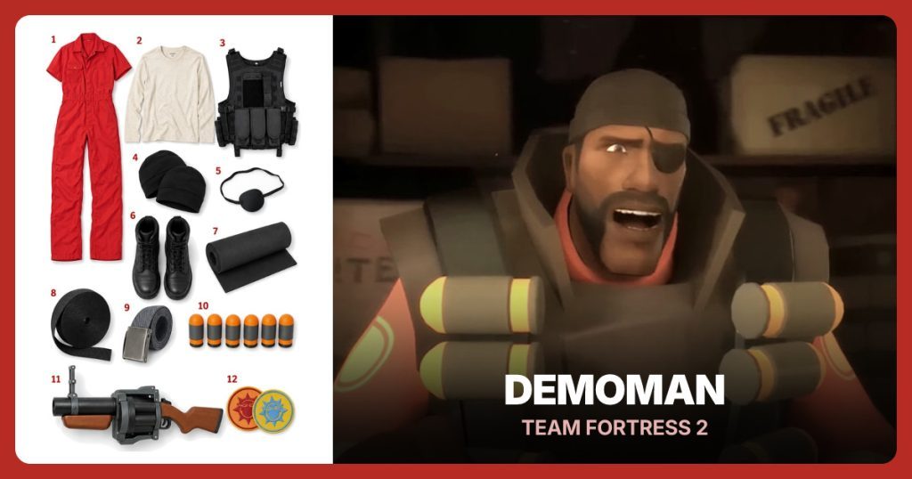 Red Short-Sleeve Coveralls, Cream Long-Sleeve Shirt, Black Tactical Vest and Black Skull Cap beside Demoman