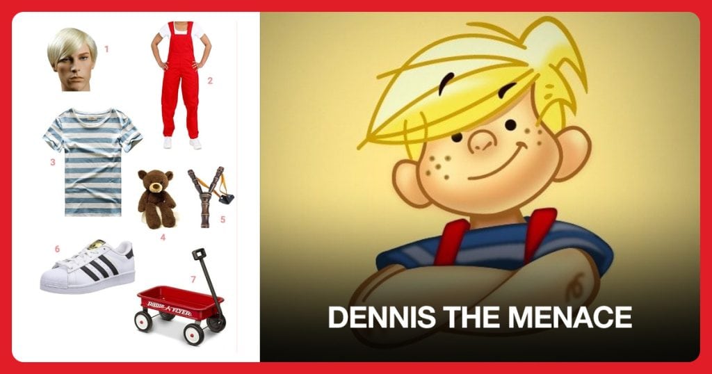 Short Blonde Wig, Red Overalls, Blue/White Striped Shirt and Teddy Bear beside Dennis the Menace