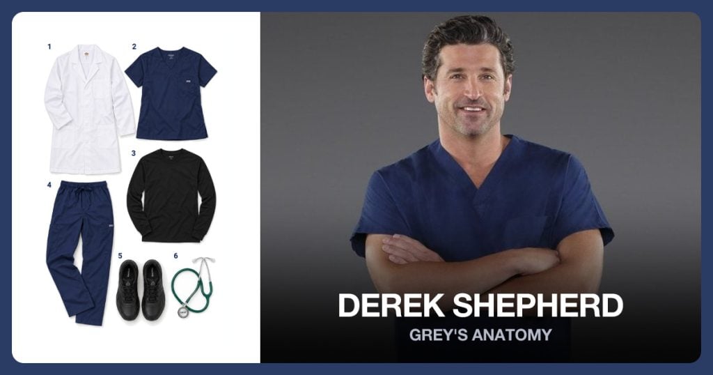 White Dickies Lab Coat, Navy Cherokee Scrub Top, Black Long Sleeve Undershirt and Navy Cherokee Scrub Pants beside Derek Shepherd
