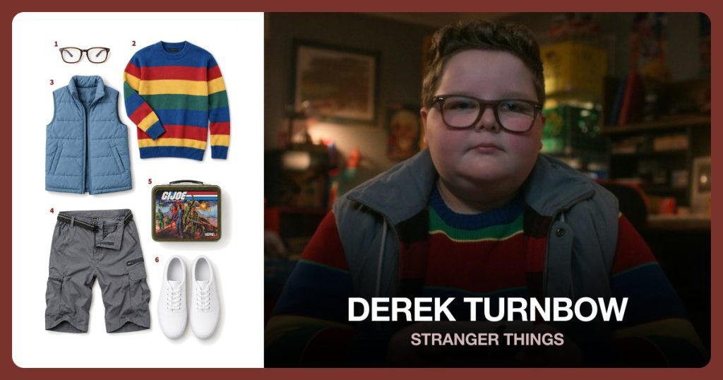 Brown Glasses, Long Sleeve Rainbow Striped Sweater, Blue Puffer Vest and Gray Cargo Shorts beside Derek Turnbow