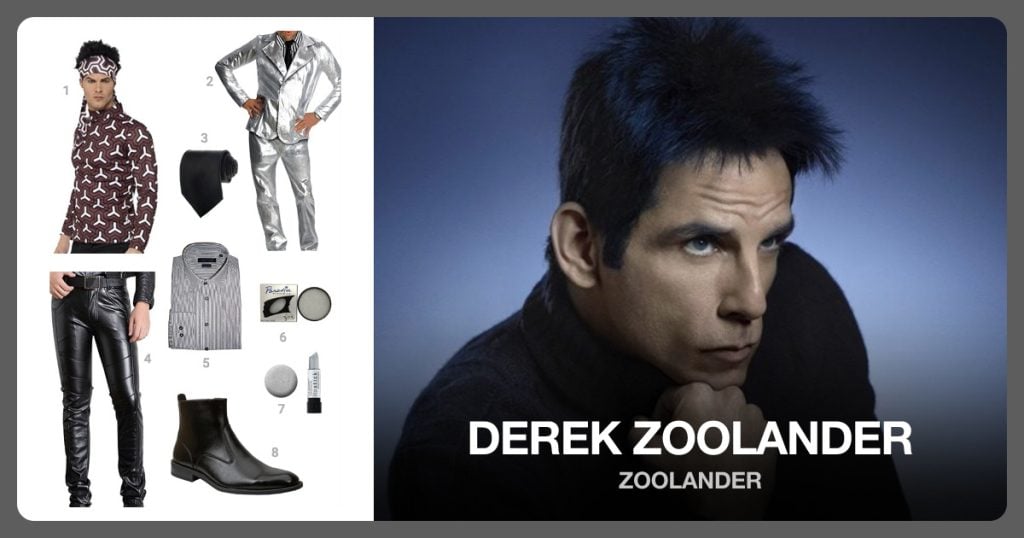 Zoolander Zebra Print Costume, Zoolander Silver Suit, Black Tie and Black Leather Pants beside Derek Zoolander