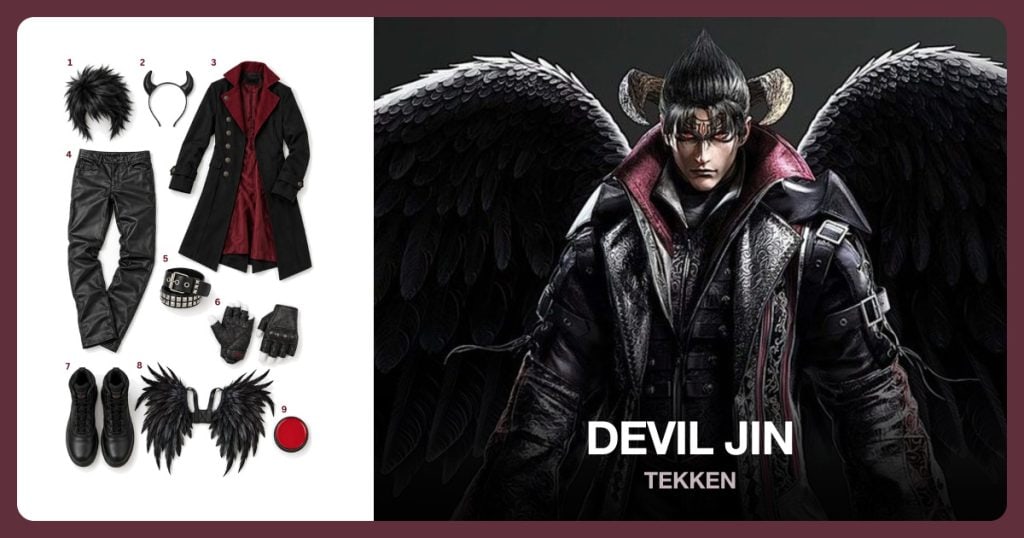 Black Spiky Wig, Black Devil Horns, Black Red-Lined Gothic Coat and Black Faux-Leather Pants beside Devil Jin