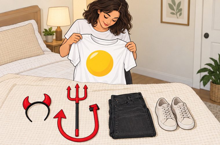 Egg-yolk T-shirt, dark jeans, neutral sneakers, red devil horns, tail and upright toy pitchfork laid out together, clean outlined tutorial illustration