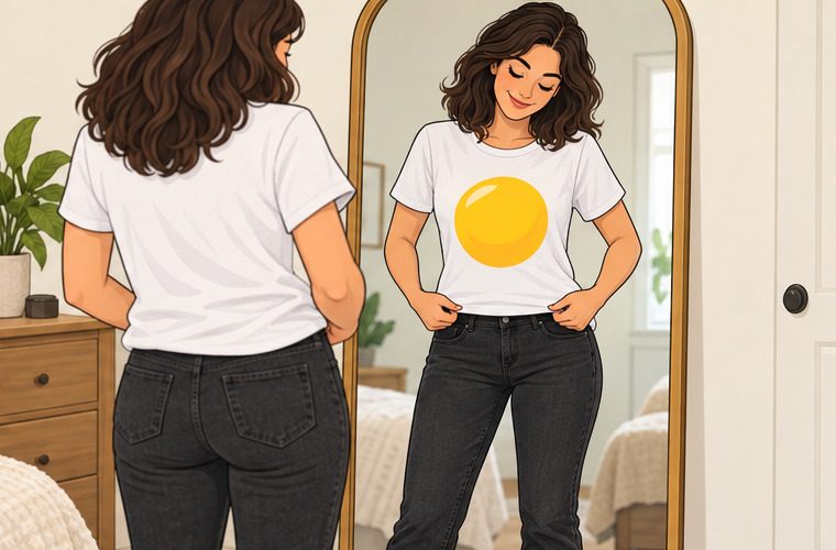 Adult wearing a white egg-yolk T-shirt with dark jeans and neutral sneakers, adjusting the shirt hem in a mirror, no devil accessories yet, clean outlined tutorial illustration
