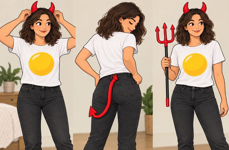 Adult adding red devil horns and tail while holding an upright toy pitchfork, wearing an egg-yolk T-shirt with dark jeans and neutral sneakers, clean outlined tutorial illustration