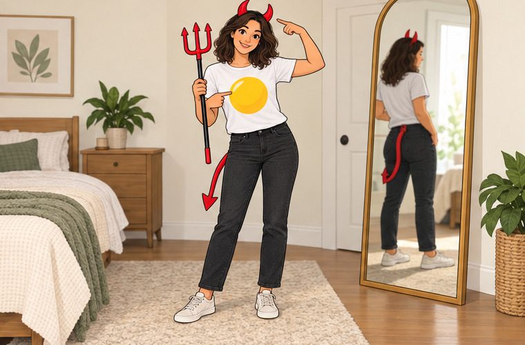Adult wearing an egg-yolk shirt with devil horns and tail, checking movement in a mirror, clean outlined tutorial illustration