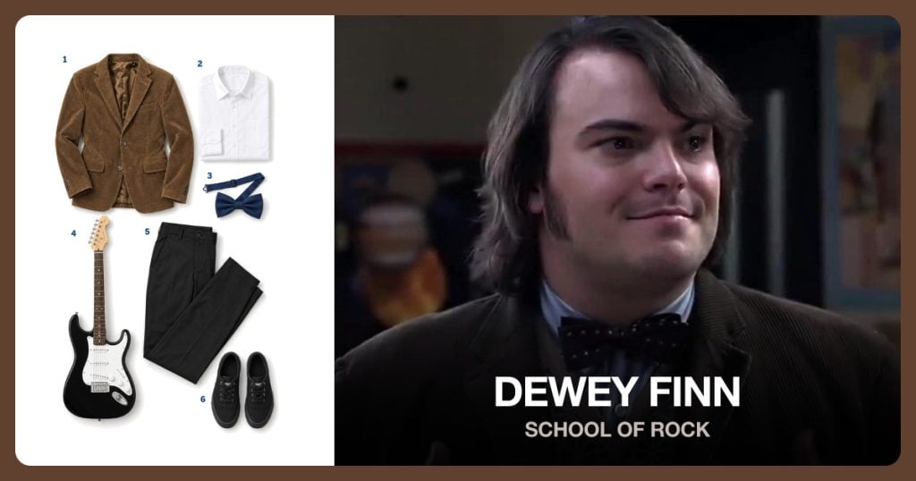 Brown Corduroy Blazer, White Dress Shirt, Dark Blue Bow Tie and Black Electric Guitar beside Dewey Finn