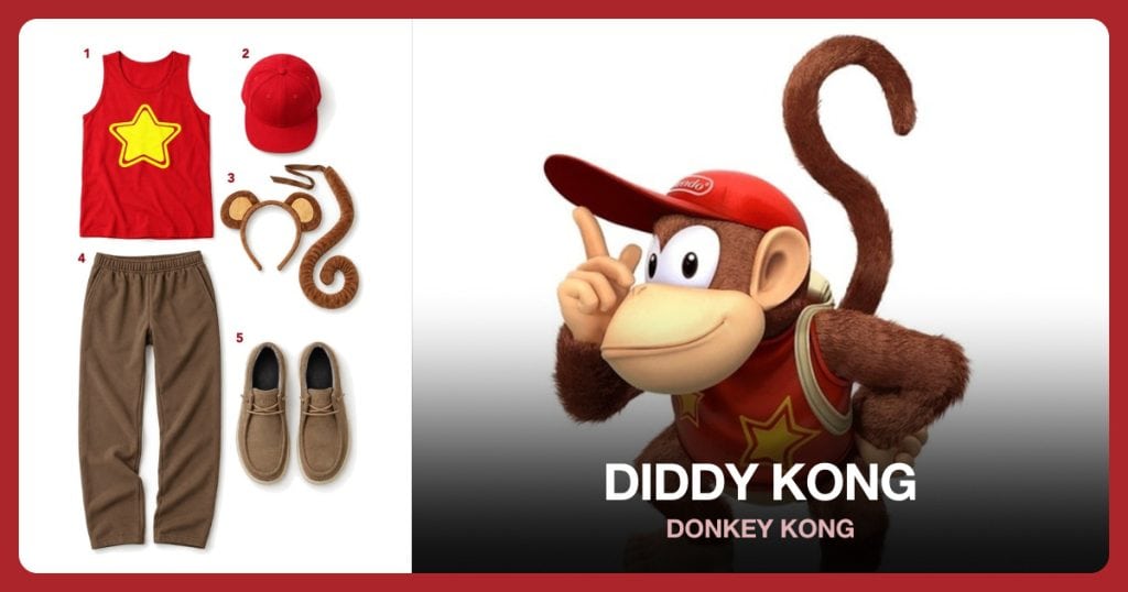 Red Yellow-Star Tank, Red Baseball Cap, Monkey Ears and Tail and Brown Sweatpants beside Diddy Kong