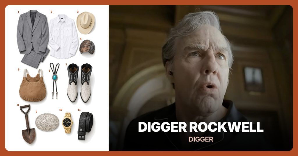 Gray Pinstripe Suit, White Western Shirt, Tan Cowboy Hat and Gray Comb-Over Wig beside Digger Rockwell