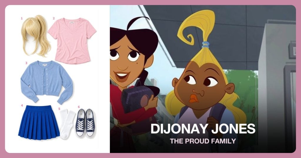 Blonde Ponytail Wig, Pale Pink Top, Light Blue Cropped Cardigan and Blue Pleated Skirt beside Dijonay Jones