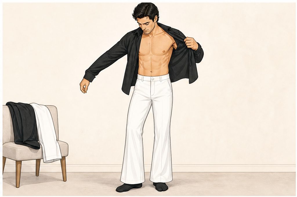 put on black shirt and white flared trousers