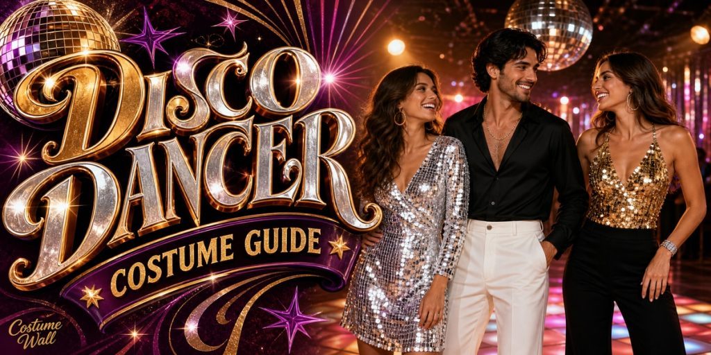 Men’s White Flared Dress Pants, Black Satin Long Sleeve Shirt and Silver Vintage Sequin Dress beside Disco Dancer