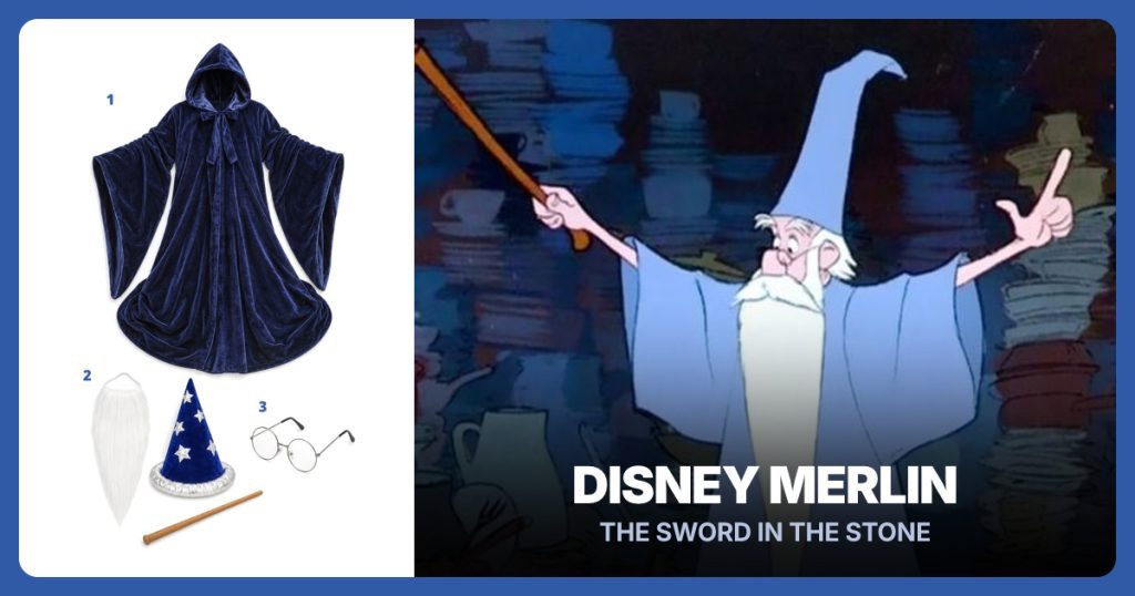 Blue Wizard Robe with Sleeves, Wizard Accessories Set and Silver Round Glasses beside Disney Merlin