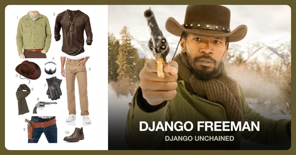 Men’s Trucker Jacket, Men’s Distressed Henley Shirts, Brown Cowboy Hat and Men’s Distressed Henley Shirts beside Django Freeman