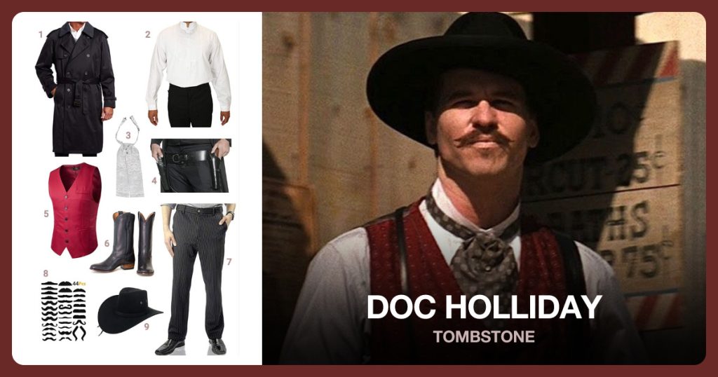 Trench Coat, Victorian Collar Dress Shirt, Satin Floral Puff Tie and Gun Holster beside Doc Holliday