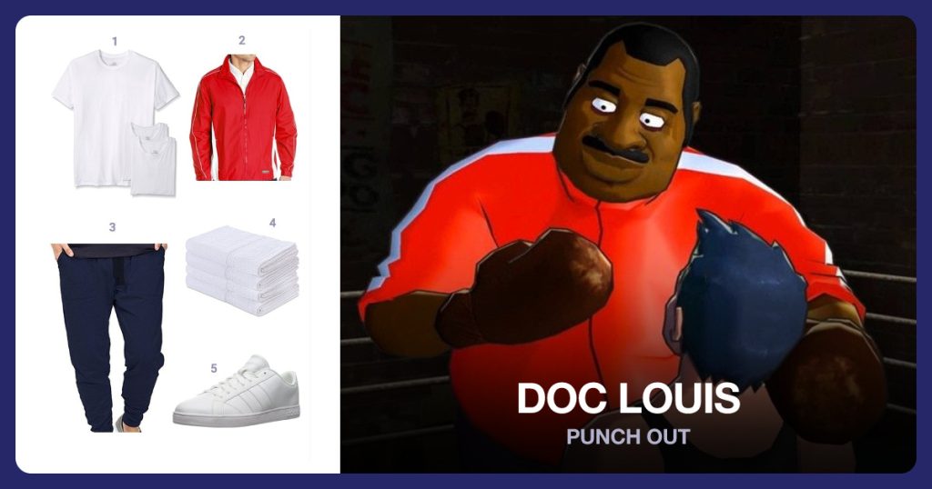 Men’s White Shirt, Men’s Pivot Jacket, Men’s Blue Joggers and White Towels beside Doc Louis