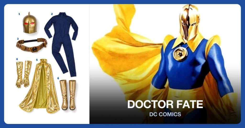 Helmet Of Fate, Navy Blue Full Body Suit, Gold Superhero Utility Belt and Long Gauntlet Gloves beside Doctor Fate