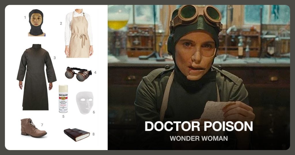 Open Face Hood Mask, Long Brown Apron, Mad Scientist Lab Coat and Steampunk Goggles beside Doctor Poison