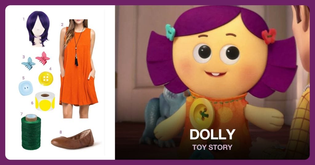 Dark Purple Short Wig, Women’s Orange Sleeve Swing Dress, Women’s Orange Sleeve Swing Dress and Yellow Button beside Dolly