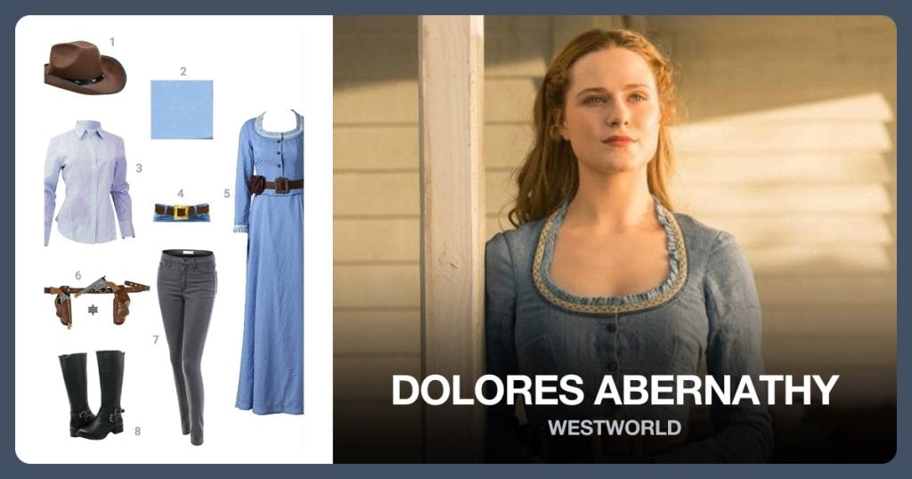 Brown Cowboy Hat, Sky Blue Bandana, Blue/White Stripe Shirt and Brown Belt with Gold Square Buckle beside Dolores Abernathy