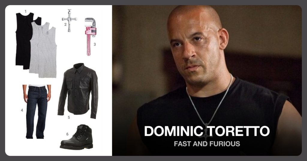 Men’s Tank Top Shirt, Cross Pendant Necklace, Giant Plastic Pipe Wrench and Loose Straight-Leg Jean beside Dominic Toretto
